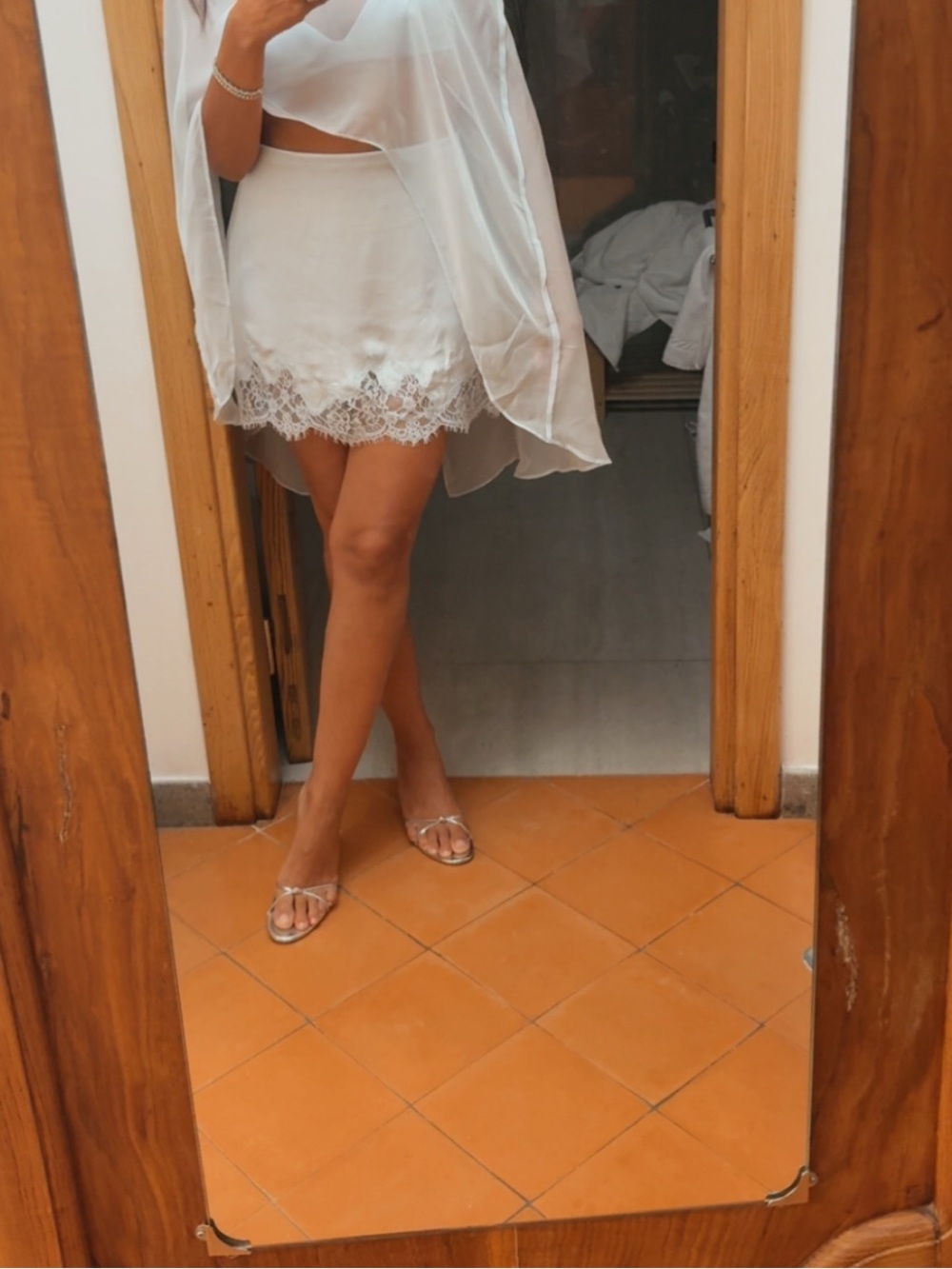 Sheer White Lace-Trim Mini Skirt